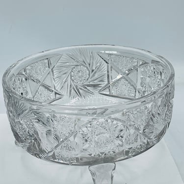 Vintage Brilliant Cut Glass 3 Footed Bowl Clear Crystal Hobstar Buzz Pattern 7 1/2" 