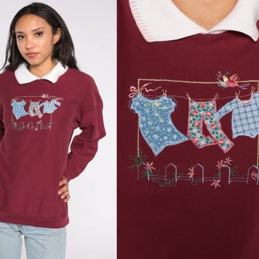 Collared Country Sweatshirt Laundry Shirt 80s Grandma Sweatshirt 90s Sweatshirt Vintage Slouchy Kawaii Graphic Burgundy Large L 