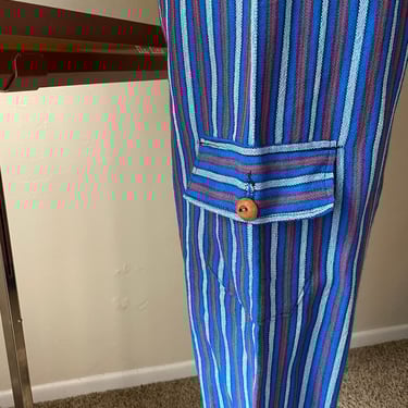 Vintage 70s Cargo Pants High Waisted Blue, Red, and White Striped Lounge Pants with Tie Bottoms ; Elastic Band and Side Pockets 