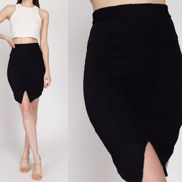 XS 90s Black Knit Fitted Mini Skirt | Vintage High Waisted Asymmetrical Stretchy Skirt 