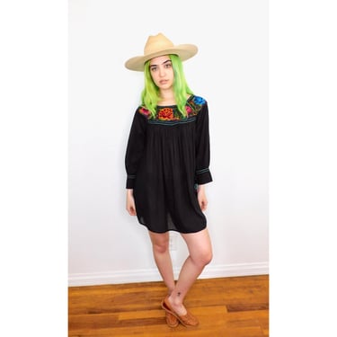Gauze Tunic // vintage tunic mini dress blouse boho embroidered hippie hippy black cotton Mexican // O/S 