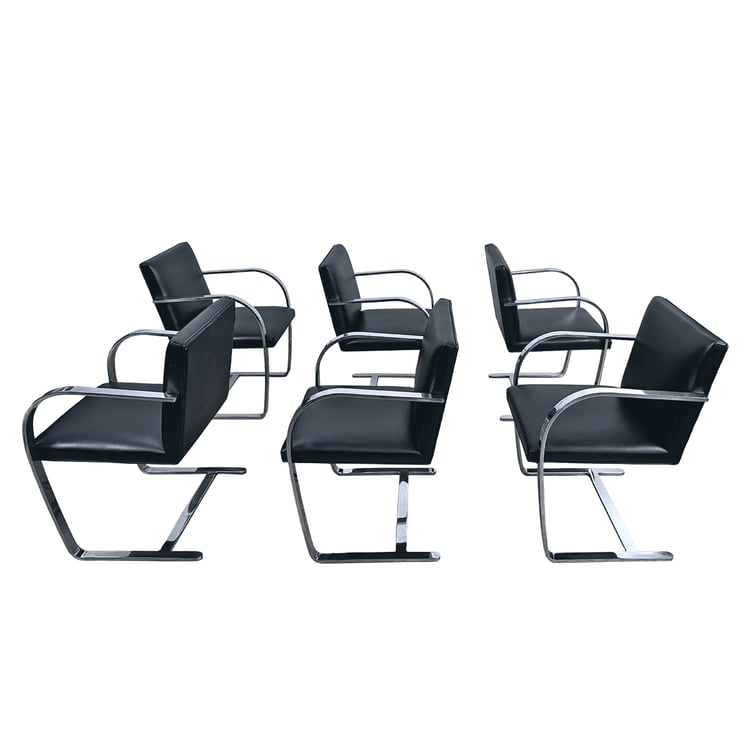 Mies Van der Rohe for Knoll Set of 6 Leather + Chrome Flat Bar Armchairs