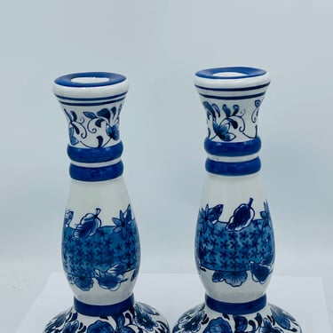Vintage Pair of   Blue and White Taper  Candle holders-Nice condition- 9.5" tall- Asian Design 