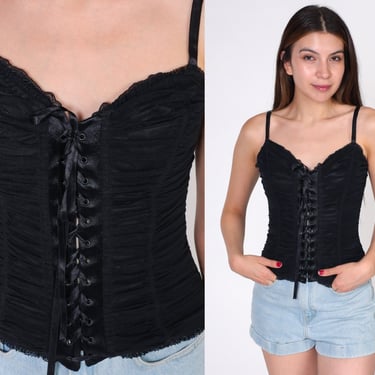 Black Bustier Corset Ruched Tank Top Y2K Going Out Shirt Lace Up Ribbon Gothic Top Party Goth Cosplay Vintage 00s Small Medium 