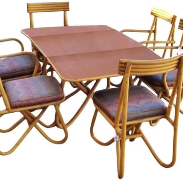 Restored Rattan "Loop" Leg Six Chairs and Dining Table Set 