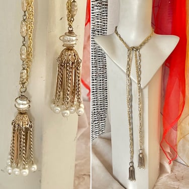 Vintage Tassel Statement Necklace, Faux Pearls, Adjustable Lariat, Gold Tone Chains, Vintage 60s 70s 