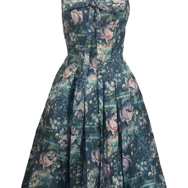 Gigi Young 50s Blue and Pink Watercolor Floral Cotton Dress