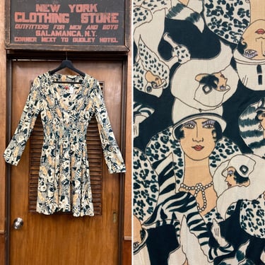 Vintage 1970’s Flapper Face Girl 1920’s Pattern Mod Dress, Vintage 1970s Dress, Mod Dress, Novelty Print, Art Deco Style, 1970s Dress, 1920s 