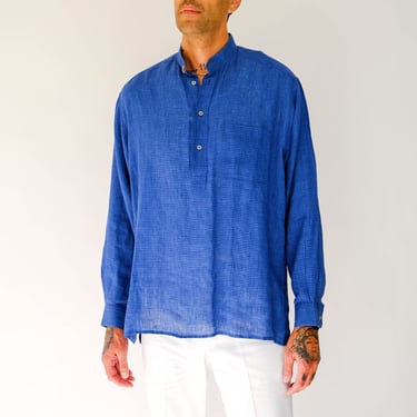 Vintage 80s Giorgio Armani Le Collezioni Cerulean Blue Check Linen Henley Dress Shirt | Made in Italy | 100% Linen | 1980s Designer Shirt 