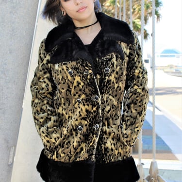 Faux Fur Coat, Vintage 1960s, Small Women, Brown Black Animal Print, Penny Lane 