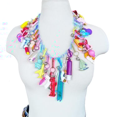 Vintage 1980's Plastic Bell Charm Necklace, Clip-on Charms, Retro Colorful Plastic Charm Necklace, Complete Charm Necklace with 26 Charms 