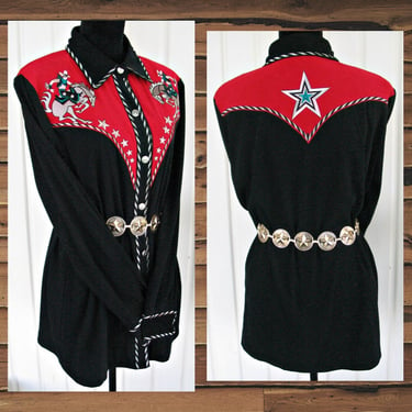 Bob Mackie Vintage Retro Women's Cowgirl Western Shirt, Rodeo Blouse, Embroidered Horses, Cowboys & Stars, Tag Size Large (see meas. photo) 