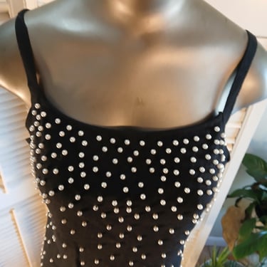 Vintage 80s Black Bob Mackie Tank Top / Pearls / Made in Hong Kong / L 