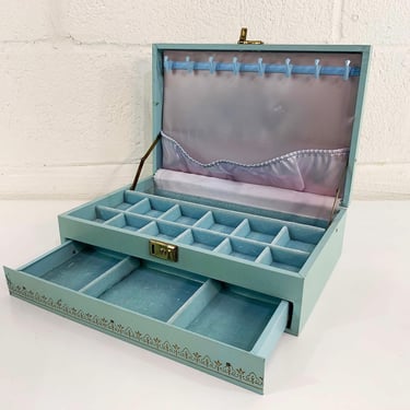 Vintage Blue Jewelry Box Mele Velvet Lining Necklace Ring Case Vanity Retro Storage Teal Gold Turquoise 1960s 