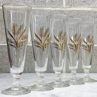 Vintage Pilsner Beer Glasses Retro 1960s Mid Century Modern + Clear Glass + Harvest Gold Wheat + Set of 5 + Barware + MCM Bar + Flutes 
