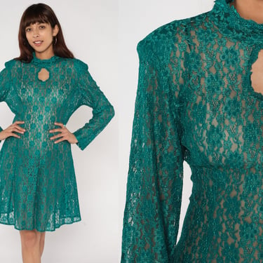 Green Lace Dress 90s Sheer Keyhole Dress Mini Party Dress Going Out 1990s Grunge Minidress Club Long Sleeve Cocktail Fit and Flare Medium 