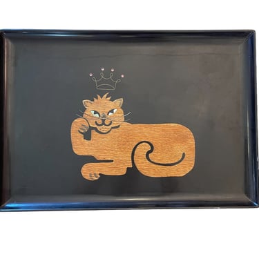 Vintage 1960s Couroc of Monterey Rare "King Cat" Serving Tray 