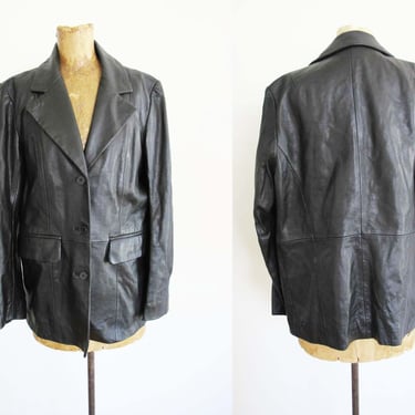 Vintage 2000s Black Lambskin Leather Blazer Jacket S M - Y2K Cyber Goth Minimalist Aesthetic Style 