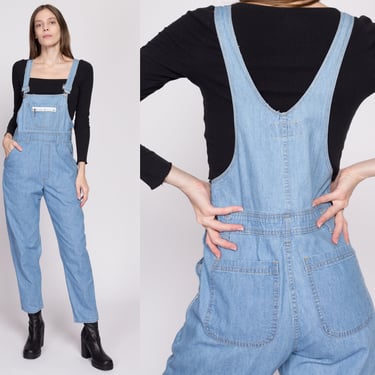 Small 90s Chambray Denim Overalls | Vintage Light Wash Women's Blue Jean Dungarees Overall Pants 
