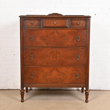 Landstrom French Regency Louis XVI Carved Burled Walnut Highboy Dresser, Circa 1940s