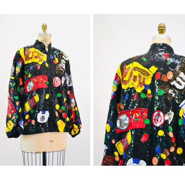 80s 90s Vintage Sequin Jacket with Candy Chocolate M&M's Jacket// Vintage Pop Art  Sequin Bomber Jacket By MODI Large Black 