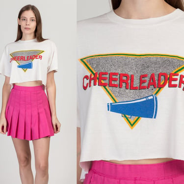 80s 90s Cheerleader Crop Top - One Size | Vintage White Cut Off Graphic T Shirt 