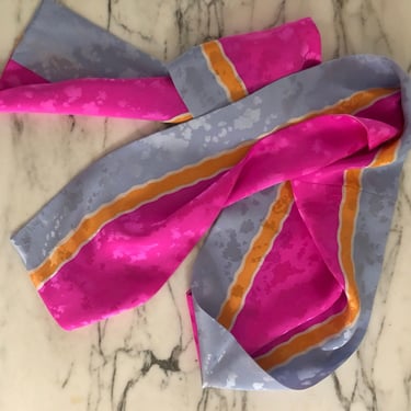 90s oblong silk scarf sash / vintage silk jacquard striped color block hot pink magenta orange + periwinkle silk tuxedo oblong sash scarf 