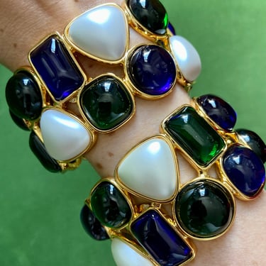 Designer Blue & Green Jewel Gold Pearl Cuff