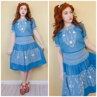 1920s / 1930s Blue Embroidered Hungarian Dress / 20s / 30s Floral Smocked Dropped Waist Cotton Dress / Medium 