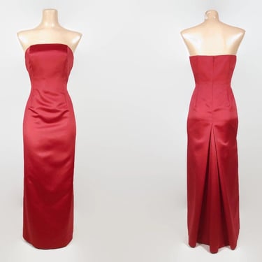 VINTAGE 90s Red Satin Strapless Cocktail Prom Dress | 1990s Formal Bombshell Gown With Train | 90's Bustier Party Dress | 6 Petite VGF 