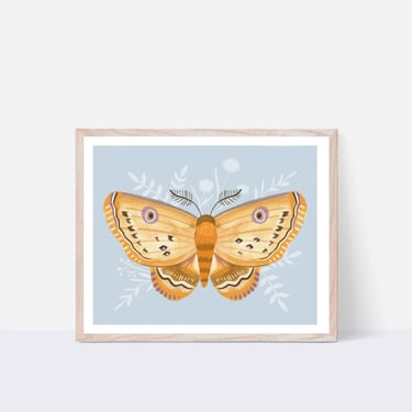 Gold and Periwinkle 8 X 10 Moth Art Print/ Floral Woodland Butterfly Illustration/ Moth Butterfly Botanicals Wall Decor 