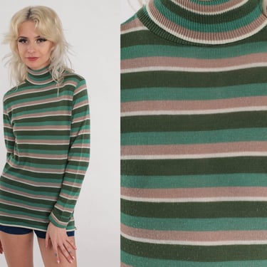 Striped Turtleneck Shirt 70s Green Knit Sweater Top Long Sleeve Retro Funnel Turtle Neck Top Basic Casual Mod Vintage 1970s Acrylic Small S 