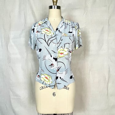 Vintage 1940s Rayon Crane Print Women Blouse Top Shirt Graff Label Made in California 