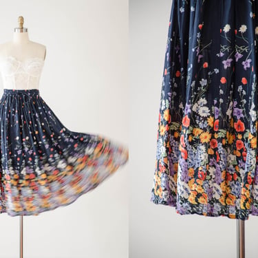 cute cottagecore skirt | 90s y2k vintage navy blue wildflower floral poppy daisy violet flowy cotton midi skirt 
