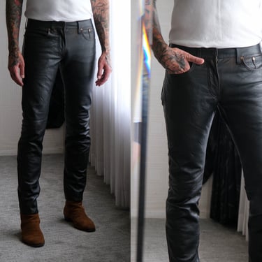 Ralph Lauren RRL Black Slim Denim Cut Leather Pants | 100% Genuine Leather | 32x33 | Y2K RRL Designer Distressed Black Leather Mens Pants 