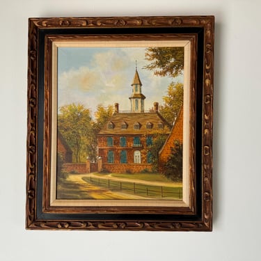 1970's Vintage Colonial Architecture in Autumn Light Landscape  Oil Painting, Framed 