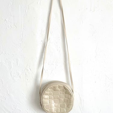 Vintage 80s Taupe Round Faux Alligator Crossbody Bag 