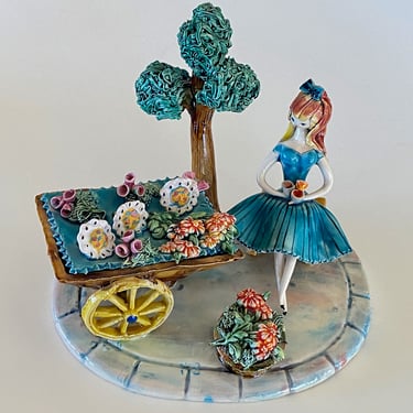 MCM Lucien Neuquelman Majolica Pottery French Girl With Flower Cart Sculpture 