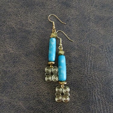 Turquoise blue batik print bone earrings, adinkra symbol dwennimen 