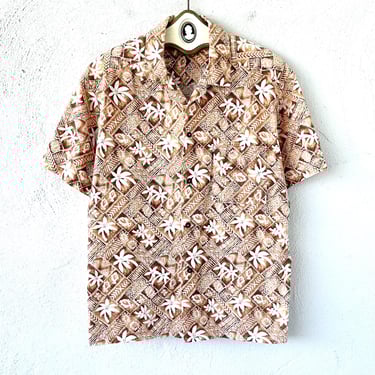 Vintage Hawaiian Tapa Shirt Aloha Shirt Native Hawaii Fish Collared Top 