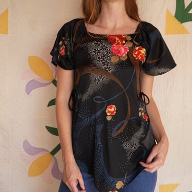 1970's Kerchief Top / Vintage Slitted Flutter Sleeve Shirt / Seventies Festival Shirt  / Haute Hippie / Peekaboo Tie Sides / Black Floral 