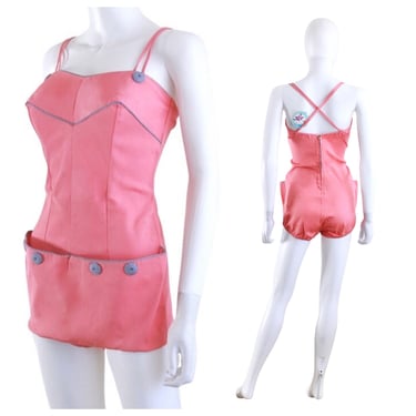 DEADSTOCK 1940s Bubble Gum Pink Swimsuit Playsuit with Blue & White Gingham Trim - 1940s Pin Up Swimsuit - 1940s Pink Playsuit | Size Medium 
