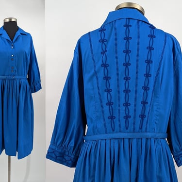 Vintage 50s Blue Shirtwaist Dress - Fifties Michele of Miami Large Fit and Flare Belted Shirt Dress 