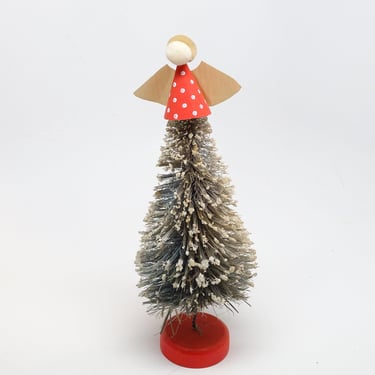 Vintage 7 1/2 Inch Sisal Bottle Brush Christmas Tree in Red Wooden Base with Paper Angel, Vintage Decor Snow Flocked , Retro Doll House 