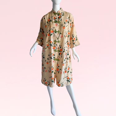 Vintage 1950s Japanese Kimono Novelty Print Orchid Peaches Dress - A Unique and Exquisite Piece of Asian-Inspired Fashion 