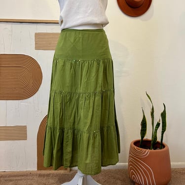 Eyeshadow Green Y2K Cotton Made in India Embellished Tiered Midi Skirt 