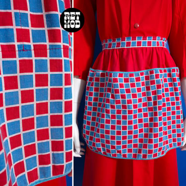 Fun &amp; Unique Vintage 60s Red White Blue Geometric Squares Cotton Apron with Pockets 