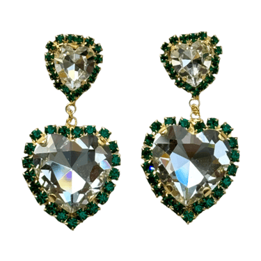 Double Heart Emerald Green Crystal Post Earrings