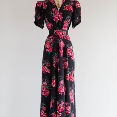 My Favorite 1930's Silk Rose Print Full Length Evening Dress With Sash / M