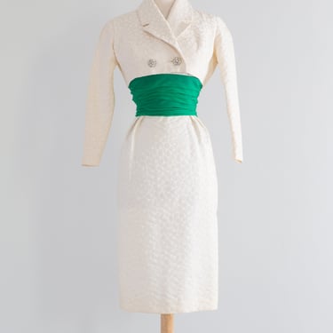 1950's Glamour Ivory Brocade Dress & Matching Jacket / XS